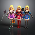 Three Blonde Women Characters Posing In Different Fantasy Costumes With Weapons