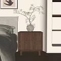 Warm Bedroom Interior With Wooden Nightstand Vase Twig Decor And Bookshelf