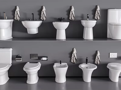 Various Modern Toilet Designs Showcased With Ceramic Basins And Towel Accessories 3d model