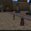 Men In Ancient Costumes Walking In Courtyard With Stone Statues And Architecture