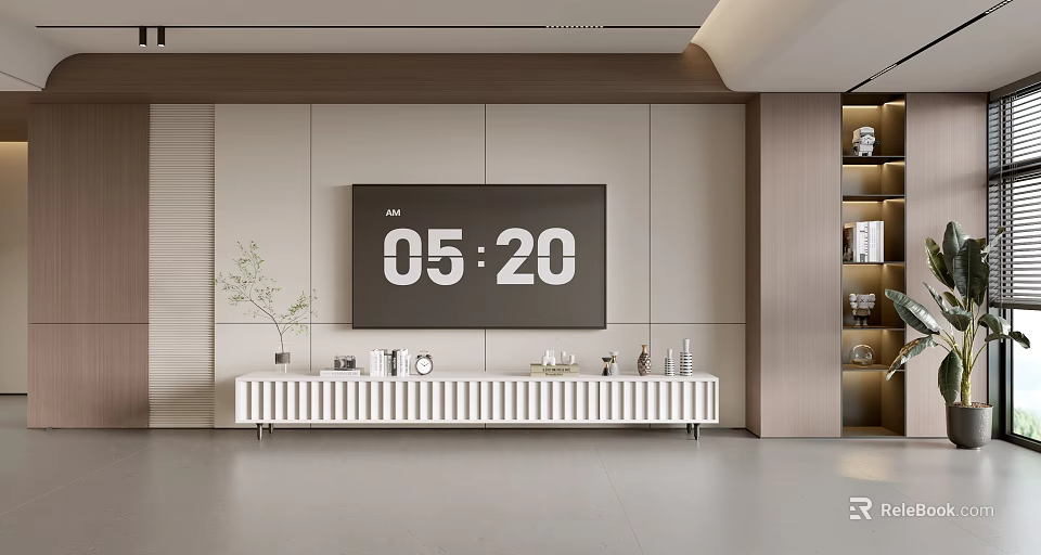 Modern TV Wall Design With Light Colored Panel And White TV Stand Decorative Items 3d model