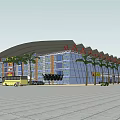 Modern Shopping Mall Exterior With Glass Facade White Curved Roof Palm Trees Plaza And Pedestrians