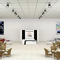 Car Model Showroom With Red Yellow Models Glass Display Cases Wall Map And Wicker Chairs