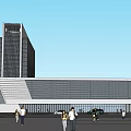 Modern Architectural Complex Featuring Tall Building Large Low-Rise Structure Parking Lot Greenery Roads And Pedestrians