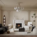 Elegant Modern Living Room Interior Design With Beige Walls White Chandelier Fireplace And Black Sofa