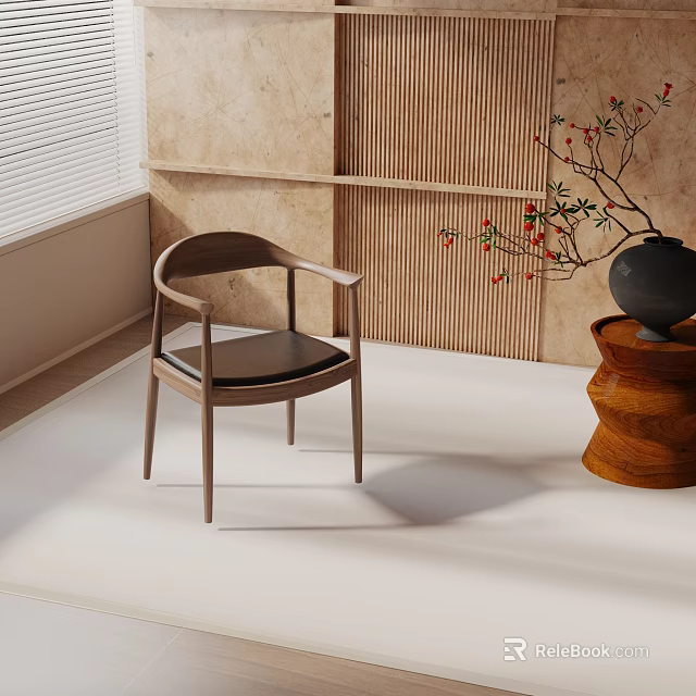 Elegant Leisure Chair With Wooden Frame Armrests Black Cushion Near Wooden Plant Stand And Black Vase 3d model 