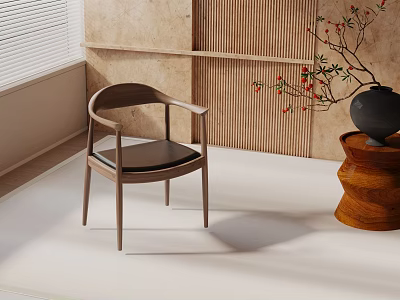 Elegant Leisure Chair With Wooden Frame Armrests Black Cushion Near Wooden Plant Stand And Black Vase 3d model