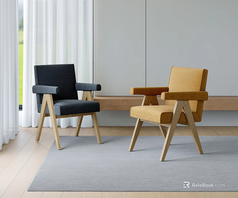 Black And Yellow Accent Chairs With Wooden Legs In Indoor Space With Curtains And Rug 3d model 
