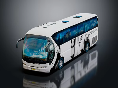 White Modern Coach Bus With Large Windows And Body Graphics On Reflective Surface 3d model
