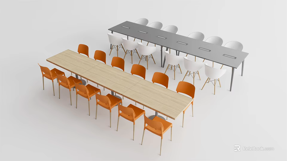Long Office Desks With Light Wooden Tabletop Orange Chairs And Gray Tabletop White Chairs 3d model 