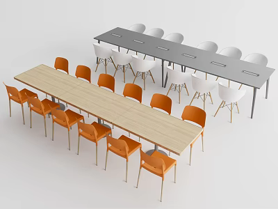 Long Office Desks With Light Wooden Tabletop Orange Chairs And Gray Tabletop White Chairs 3d model