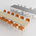 Long Office Desks With Light Wooden Tabletop Orange Chairs And Gray Tabletop White Chairs