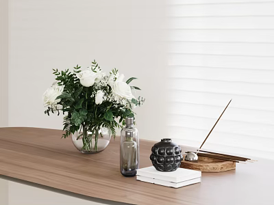 White Flowers in Glass Vase with Green Leaves on Wooden Table by White Blinds 3d model