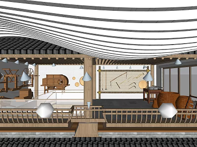 Traditional Interior Featuring Wooden Structure Striped Rooftop Lanterns And Decorative Furniture 3d model