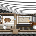 Traditional Interior Featuring Wooden Structure Striped Rooftop Lanterns And Decorative Furniture