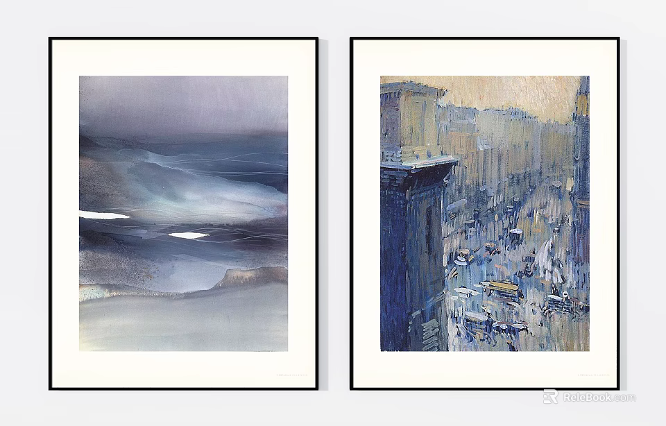 Framed Abstract Sea View And City Street Scene Wall Art Decorative Paintings 3d model 