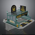 Subway Station Entrance Structure With Green Railings Yellow Signs And Lamp Posts
