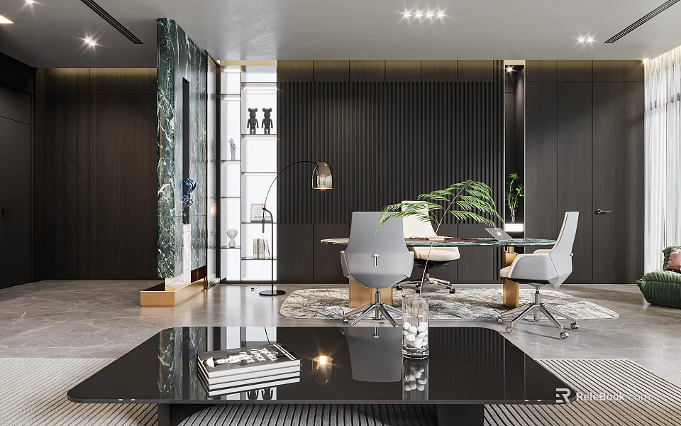 Modern Office Interior With Black Desk Gray Chairs Green Plants Floor Lamp And Marble Decor 3d model 