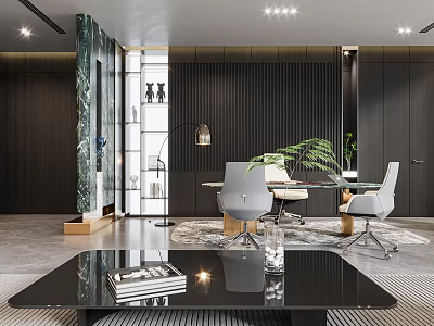 Modern Office Interior With Black Desk Gray Chairs Green Plants Floor Lamp And Marble Decor 3d model