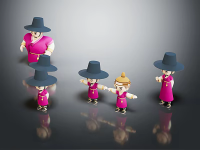 Cartoon Characters In Red Outfits With Wide Brimmed Hats And Various Poses 3d model