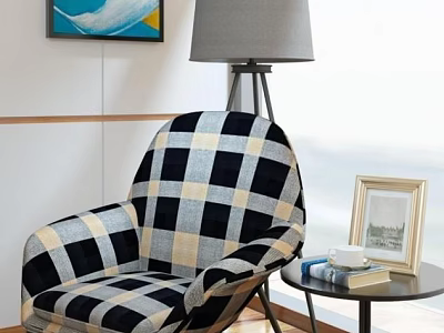Black and White Plaid Leisure Chair with Floor Lamp Side Table Picture Frame and Books 3d model