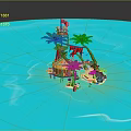 Cartoon Tropical Island Scene with Palm Trees Wooden Hut Red Flag and Blue Water