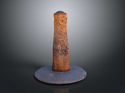 Rustic Wooden Column With Textured Surface And Round Metal Base Plate 3d model