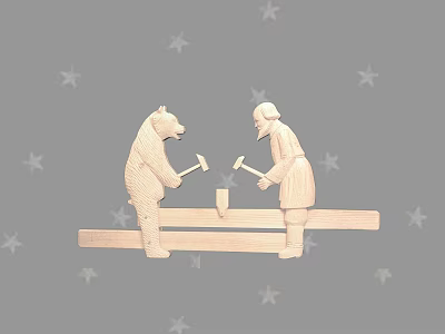 Wooden Wall Decor With Bear And Human Carved Figures Holding Hammers On Star Patterned Background 3d model