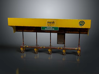 Yellow Bus Shelter Structure With Murali Sign MAIN ST PARKING Road Signs And Support Poles 3d model