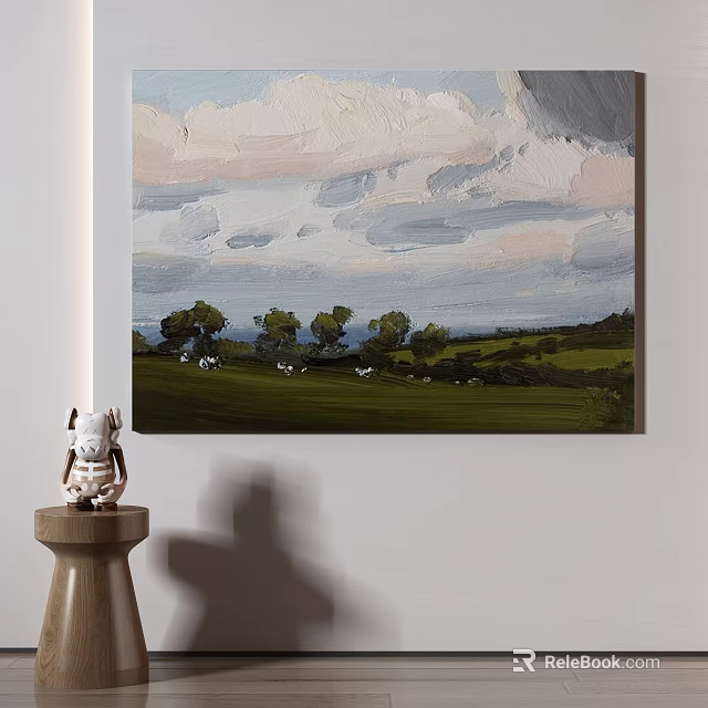 Wall Art Painting With Green Field Trees Cloudy Sky And Small Figurine 3d model 