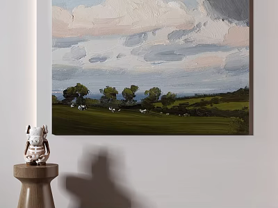 Wall Art Painting With Green Field Trees Cloudy Sky And Small Figurine 3d model