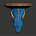 Blue Dragon Head Mounted On Wooden Circular Base With Yellow Horns And Colorful Spots