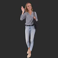 Young Blonde Woman Waving Hand Wearing Striped Shirt And Blue Jeans Carrying Black Bag