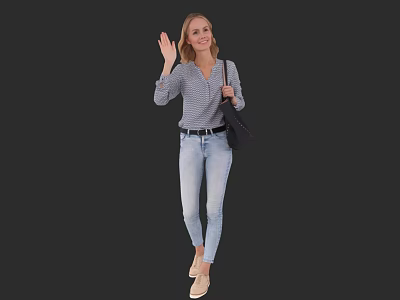 Young Blonde Woman Waving Hand Wearing Striped Shirt And Blue Jeans Carrying Black Bag 3d model