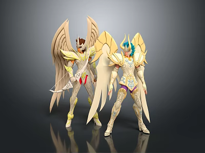 Game Movie Characters In Golden White Armor With Angelic Wings And Mythical Design 3d model