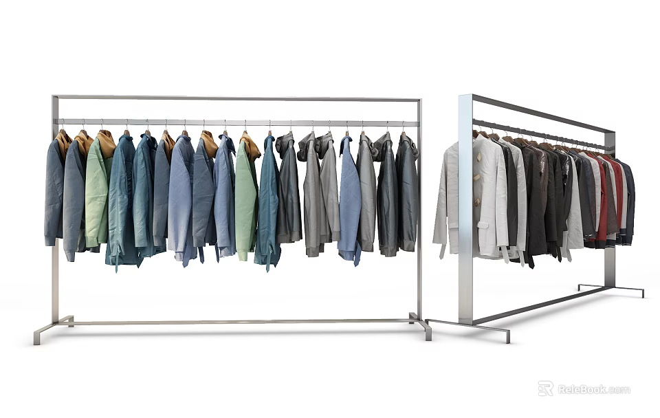 Various Stylish Colored Jackets Hanging On Metal Racks For Fashion 3d model 