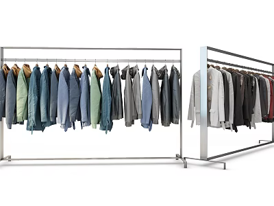 Various Stylish Colored Jackets Hanging On Metal Racks For Fashion 3d model