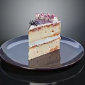 Layered Cake Slice With Cream Filling And Purple Topping On Dark Plate