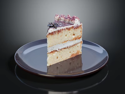 Layered Cake Slice With Cream Filling And Purple Topping On Dark Plate 3d model