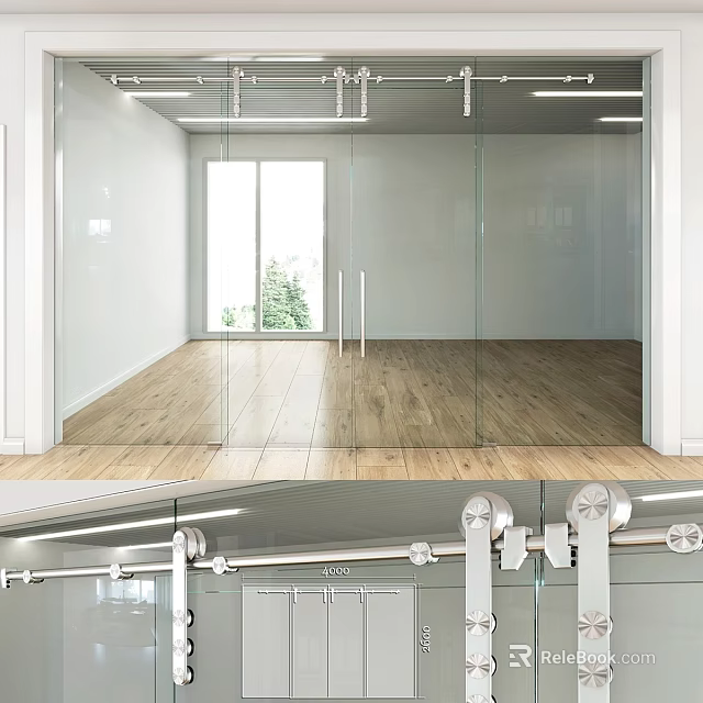Modern Glass Swing Door for Interior Space with Metal Handle and Wooden Floor 3d model 