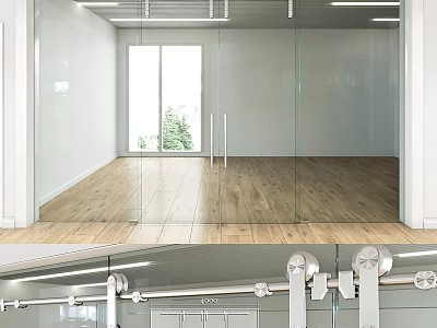 Modern Glass Swing Door for Interior Space with Metal Handle and Wooden Floor 3d model