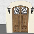 Classic Entrance Gate With Wooden Double Doors Wrought Iron Grille And Wall Mounted Lanterns