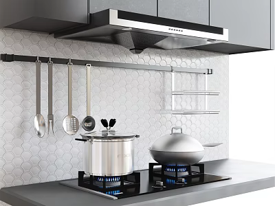Modern Kitchen Interior With Range Hood Gas Stove Hanging Utensils And Hexagonal Tile Backsplash 3d model