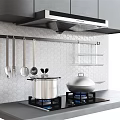 Modern Kitchen Interior With Range Hood Gas Stove Hanging Utensils And Hexagonal Tile Backsplash 3d model