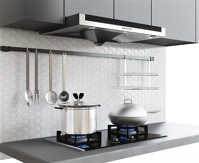 Modern Kitchen Interior With Range Hood Gas Stove Hanging Utensils And Hexagonal Tile Backsplash 3d model