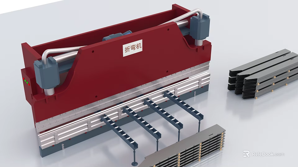 Industrial Hydraulic Bending Machine With Red Metal Structure Supporting Components And Metal Plates 3d model 