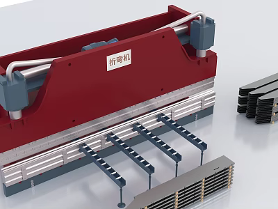 Industrial Hydraulic Bending Machine With Red Metal Structure Supporting Components And Metal Plates 3d model