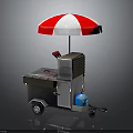 Mobile Street Food Cart With Red White Umbrella Grill And Blue Gas Cylinder