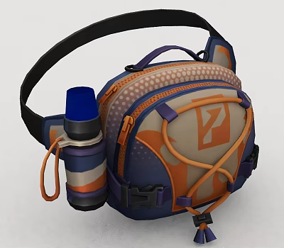 Blue And Orange Polka Dot Backpack With Black Shoulder Strap And Water Bottle 3d model