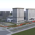 Modern Twin Office Buildings With Blue White Glass Curtain Walls And Green Lawn Square